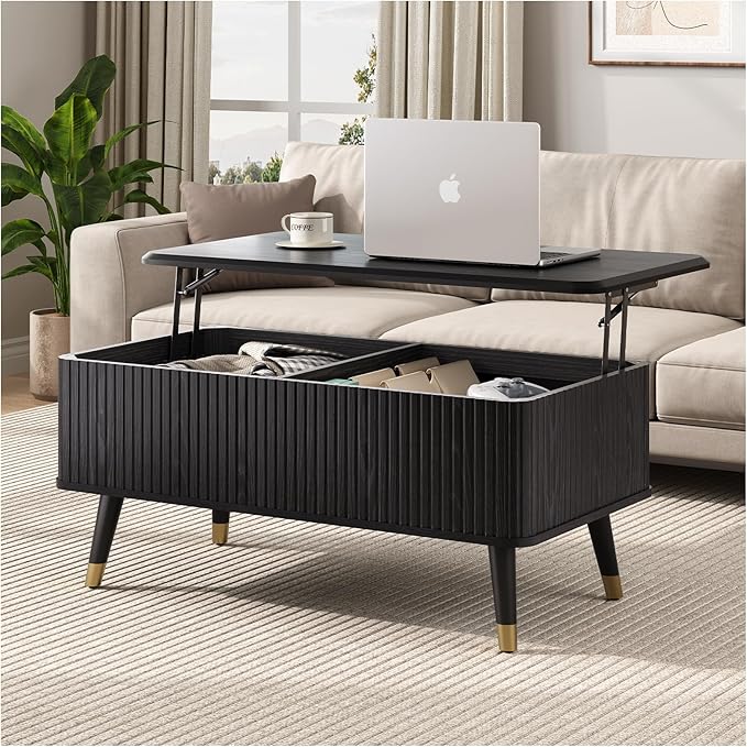 JOINICE Lift Top Coffee Table with Storage, Modern Black Fluted Design, Pop-Up Center Table with Hidden Compartment for Living Room & Home Office Work/Dining