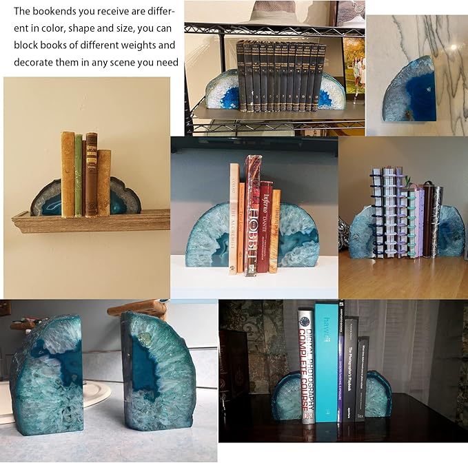 JIC Gem Teal Agate Bookends Geode Book Ends for Bookshelf Decor Decorative Bookends for Shelves Unique Cute Teal Decor with Rubber Bumpers (1 Pair, 3-4 Lbs)