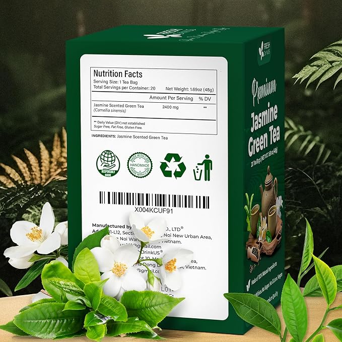 FreshDrinkUS, Premium 20 Tea Bags of Jasmine Green Tea, 100% Natural. Exquisite Flavor, Handpicked Leaves, Perfect for Tea Lovers. No Sugar, No Gluten, Vegan.