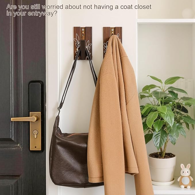 Rustic Folding Wall Hooks: Decorative Wooden Coat Hooks 2Pack Mounted