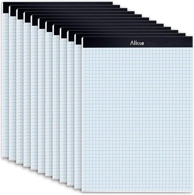 Alitte Graph Paper Pad, Pack of 12, White Letter Size - 4x4 Quad Grid Paper, Easy-Tear Perforations, 8.5 x 11 Cardboard Backing - Graph Notepads for School, Office -50 Sheets per Pad