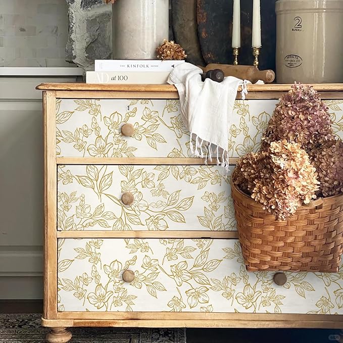 Ismoon Floral Wallpaper Peel and Stick Vintage Flower Beige and Gold Contact
