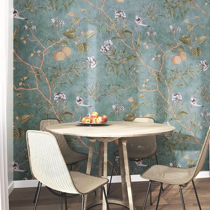 Laatse Green Floral Wallpaper Peel and Stick Bird Wallpaper 17.5" x 196.8"