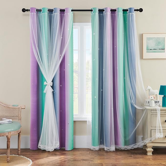 XiDi Purple Curtains for Kids Bedroom, Girls Room Decor Grey Curtain, 63 inchs