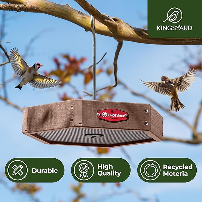 Kingsyard Heavy Duty Hanging Platform Bird Feeder Weatherproof, Recycled Plastic Tray with Metal Mesh Screen, Easy Clean Outdoor Feeder for Cardinals Bluebirds Wild Birds, Brown
