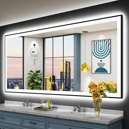 84x40 Black Framed LED Bathroom Mirror