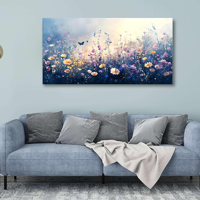 JLXART Canvas Wall Art Colorful Wildflower With Butterflies Wall Decor Purple and Yellow Poppy Floral Artwork Flowers Prints Paintings for Living Room Home Decorations,30x58inch