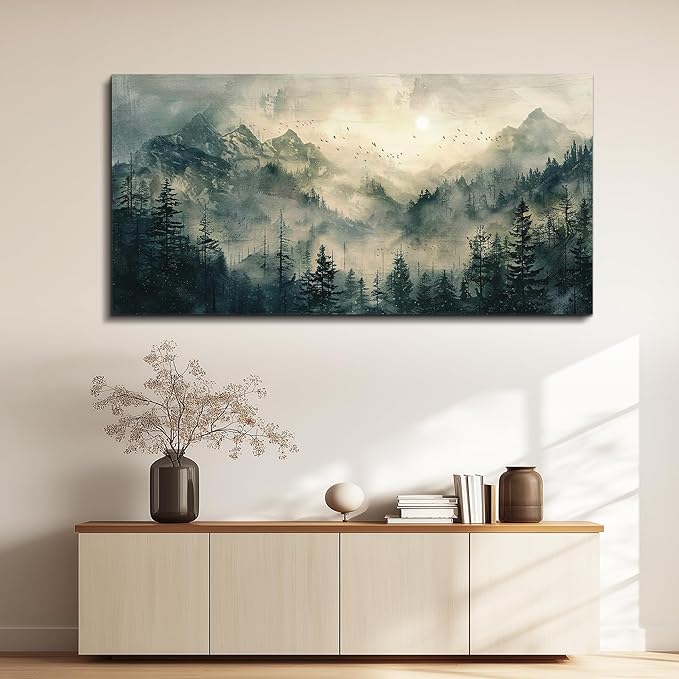 FUHAIHUA Canvas Wall Art For Living Room Framed Wall Decor For Bedroom Modern Office Wall Decoration Forest Fog Landscape Paintings Farmhouse Pictures Artwork Room Aesthetic Home Decor 20x40 In