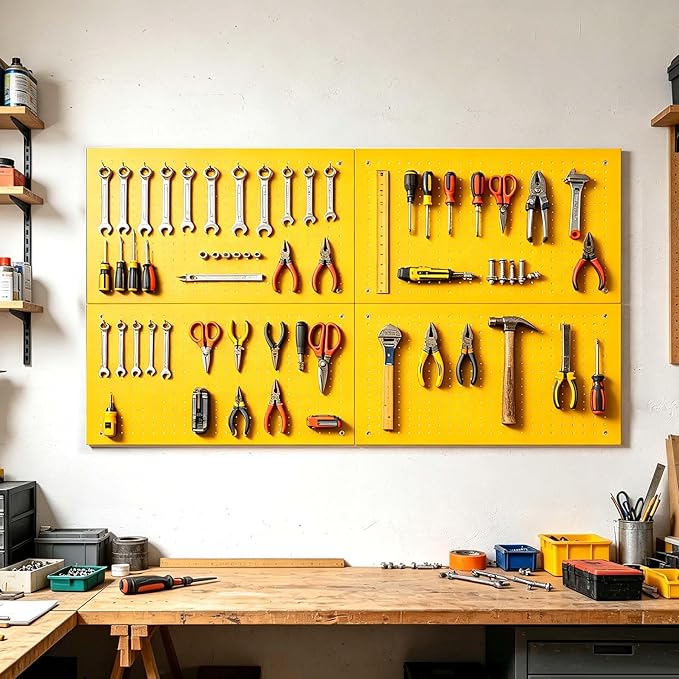 Metal Pegboard Panels,Wall Panels, Heavy Duty Peg Boards for Garage and Garden Tool Storage, Includes Drywall Anchors and Screws Kits, Yellow