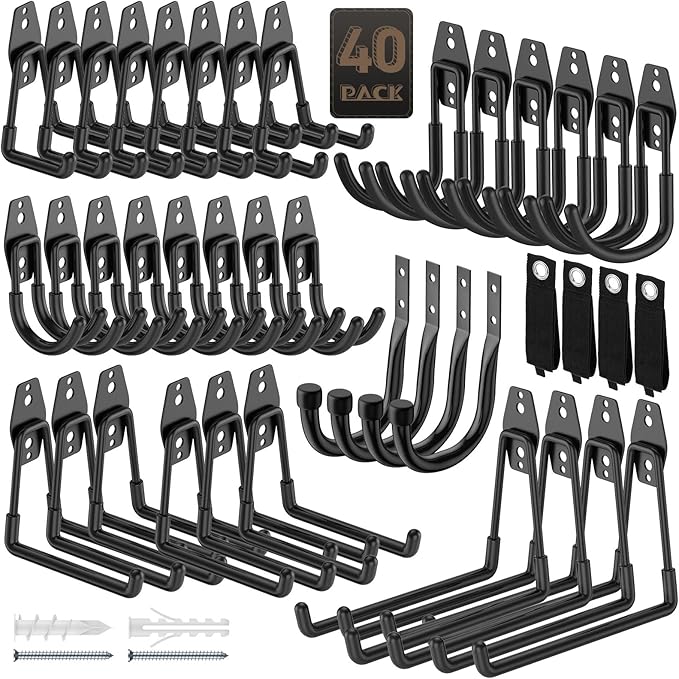 40 Pack Garage Hooks, Heavy Duty Steel Wall Mount Utility Hangers with Anti-Slip Coating for Hanging Bikes, Ladders, Power Tools, and Garden Equipment