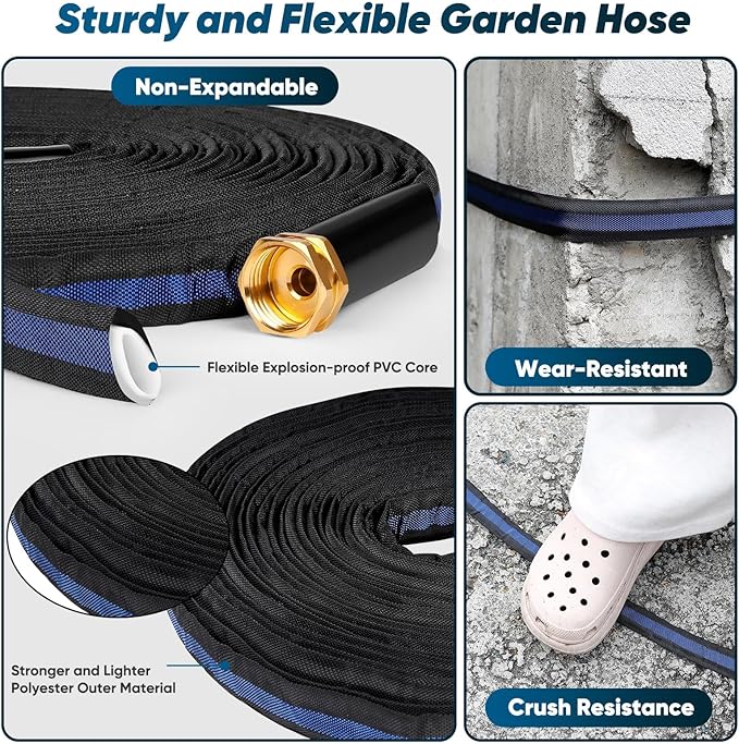 Garden Hose 50ft, Non-Expanding Water Hose, Flexible Ultra-Light, Anti-Kink, Wear-Resistant, Portable, Easy Storage, Hose with 3/4 for Outdoor, Garden, Yard and Lawn, Black Dark Blue