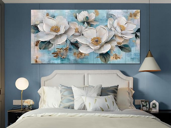 Ardemy Flower Wall Art for Living Room White Floral Canvas Art Wall Decor