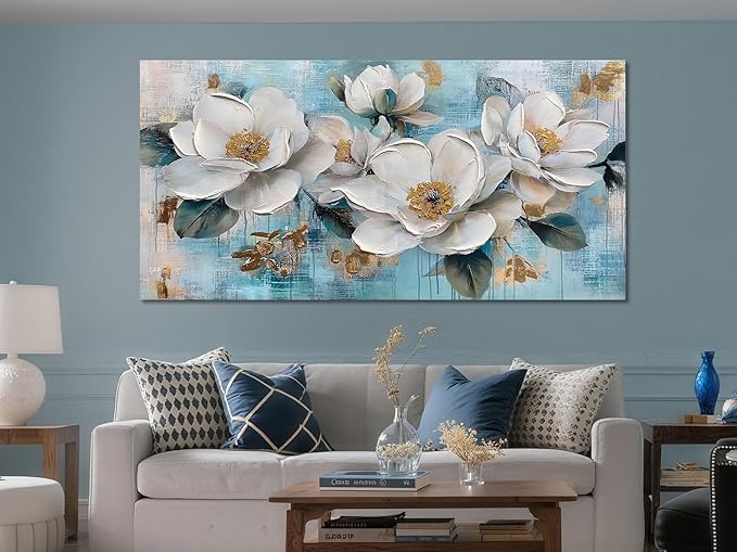 Ardemy Flower Wall Art for Living Room White Floral Canvas Art Wall Decor