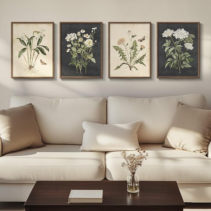 Framed Botanical Wall Art for Living Room, 4 Piece Rustic Floral Canvas