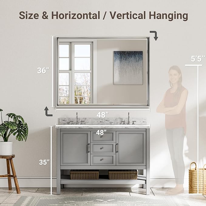 48 x 36 Silver Bathroom Mirror, Large Beveled Silver Bathroom Vanity Mirror