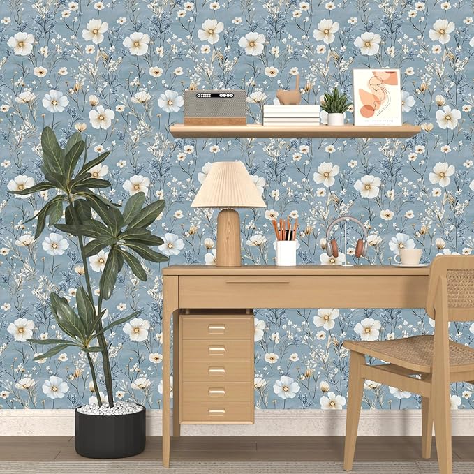 Laatse Blue Floral Peel and Stick Wallpaper White Botanical Contact Paper