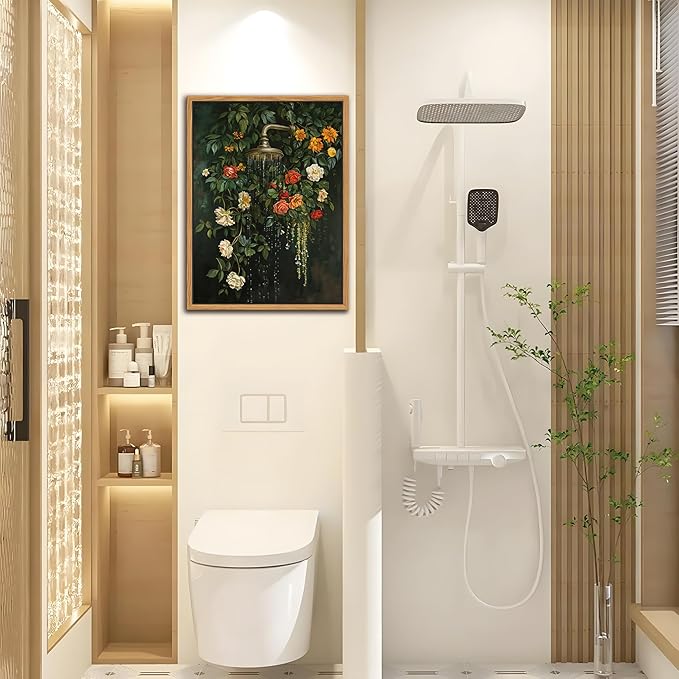 Floating Framed Floral Shower Wall Art, Vintage Botanical Flower Canvas Print