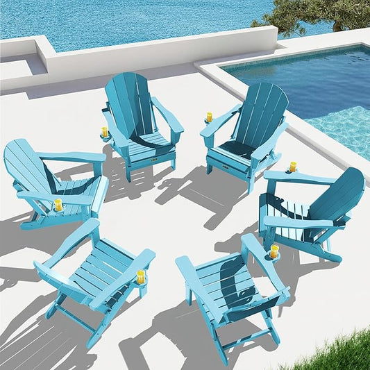 SERWALL Folding Adirondack Chair Weather Resistant Patio Chair with Cup Holder Outdoor Chairs Set of 6 Painted Adirondack Chairs - Light Blue
