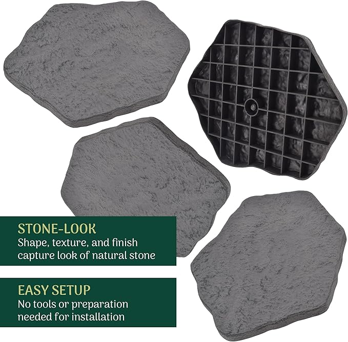 Arcadia Garden Products Set of 4, 16x17” Dark Gray Stepping Stone Fiberclay Pavers, Outdoor Garden Natural Repeatable Pattern Pathway, Faux Stone Decorative Landscaping Walkway