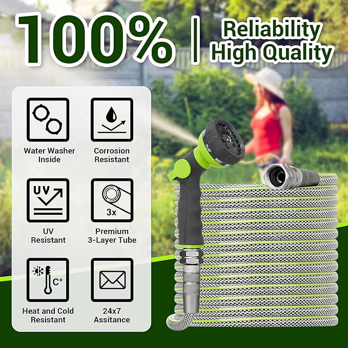50 FT Non-Expandable Garden Hose – Heavy Duty Flexible Water Hose for Home & Yard Use, 1/2" ID, 3/4" Solid Swivel Fittings, Kink & Leak Resistant