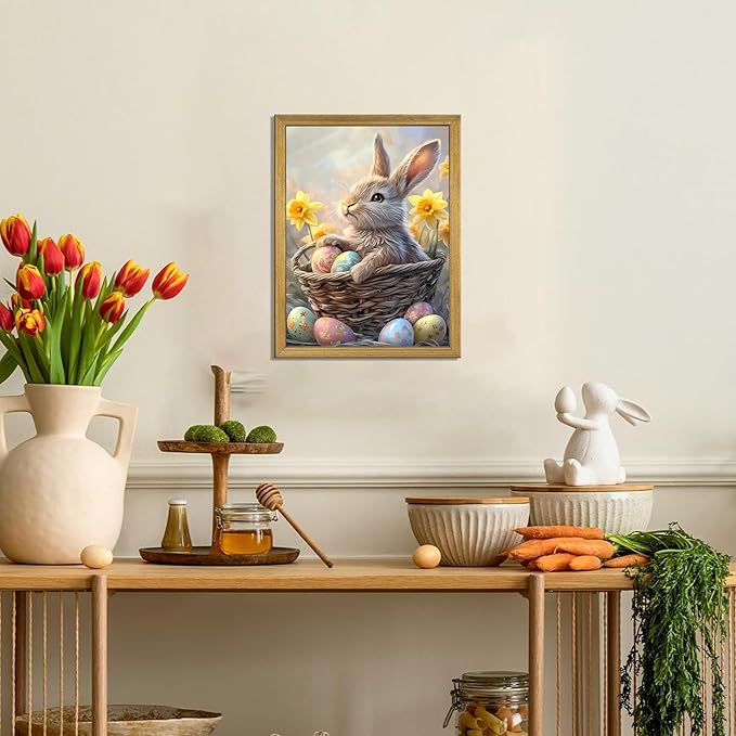 Easter Bunny Wall Art, Cute Rabbit Canvas Wall Decor Painting, Easter Eggs
