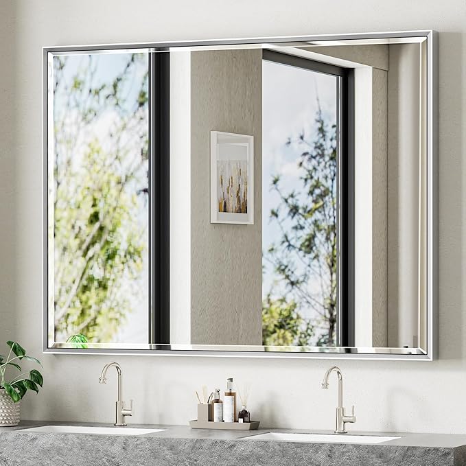 48 x 36 Silver Bathroom Mirror, Large Beveled Silver Bathroom Vanity Mirror