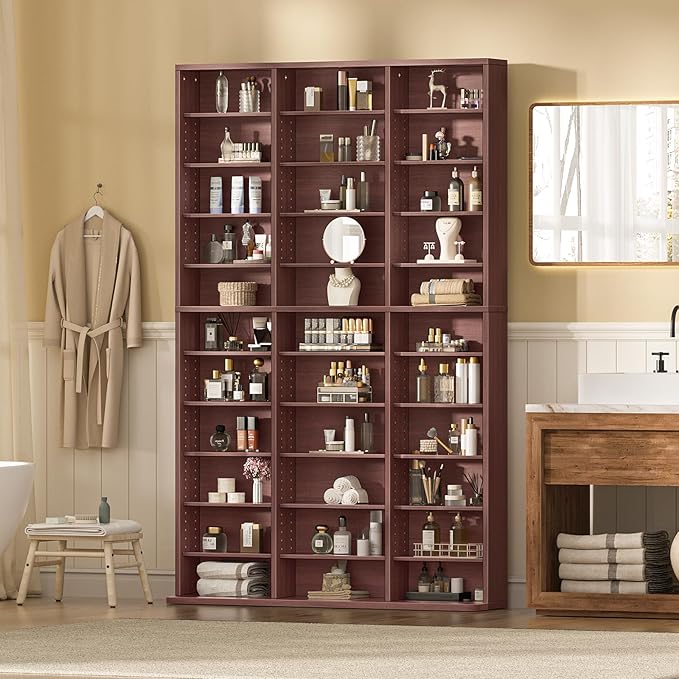 LELELINKY 11 Tier Tall Display Cabinet, Walnut Media Storage Cabinet with Adjustable Shelves, Free Standing DVD Organizer Shelf, Floor multimedia storage manga bookshelf for Living Room & Home Office.