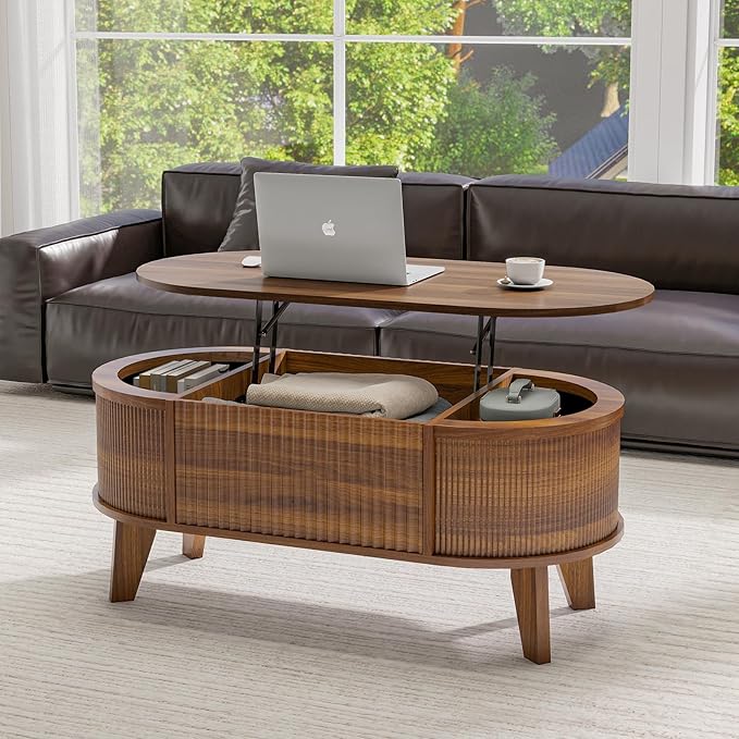 LYNCOHOME Fluted Lift Top Coffee Table with Storage,Modern Oval Coffee Table for Living Room or Home Office（Walnut）