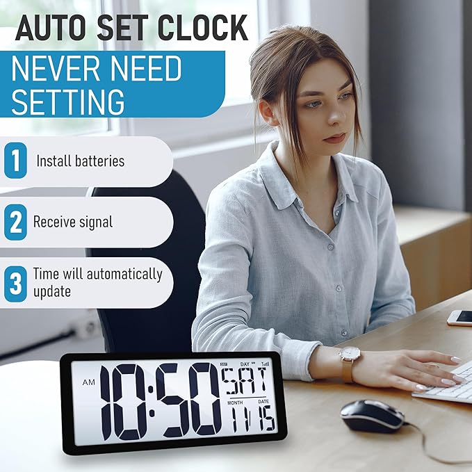 TXL Atomic Clock with Backlight, 14.2" Large Digital Wall Clock Battery Operated