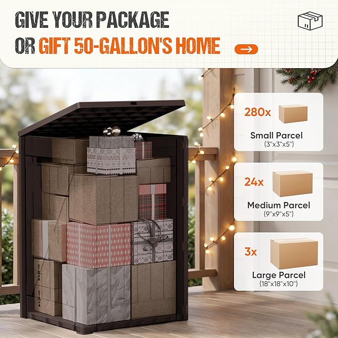 Flamaker 50 Gallon Deck Box, Package Delivery Box for Outside, Outdoor Package Drop Container for Gifts, Waterproof Plastic Storage Container with Lockable Secure for Porch (Deep Brown)