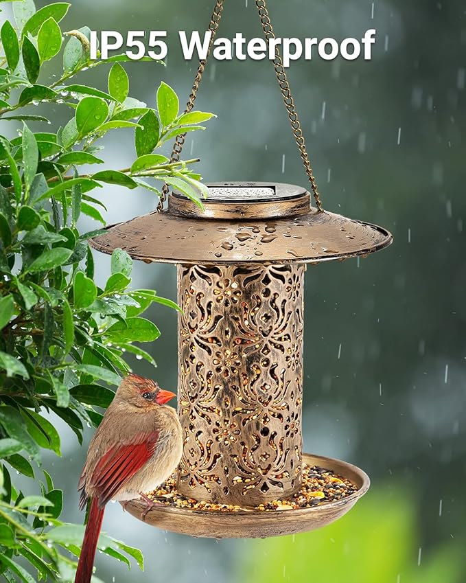 SWEETFULL Solar Bird Feeder for Outdoors Hanging, Metal Wild Bird Feeder for Cardinals Solar Garden Lantern with S Hook as Gift Ideas for Bird Lovers (2LBs Heavy Duty Weather Resistance birdfeeders)