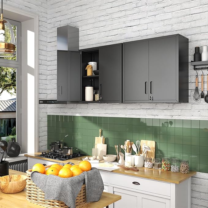 Garage Wall Cabinet with Doors and Shelves, Metal Wall Mounted Storage Cabinet