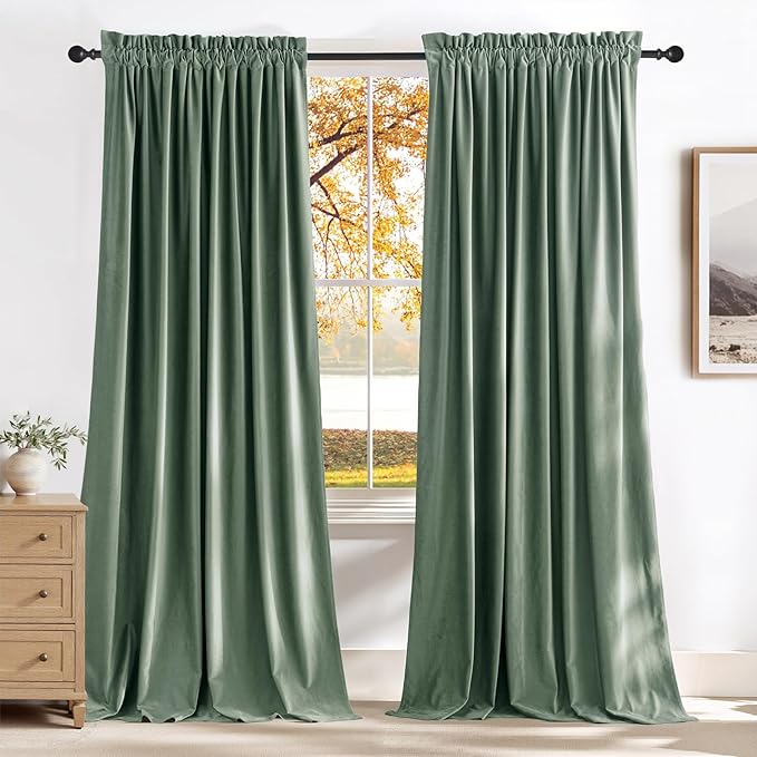 NICETOWN Green Velvet Curtains 96 inches Long 2 Panels