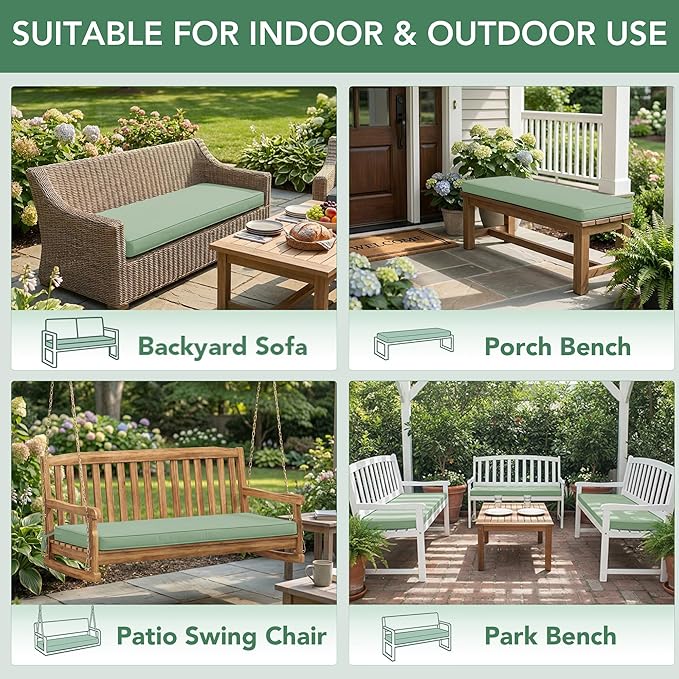 Outdoor Bench Cushion: Waterproof and Fade Resistant Patio Furniture Cushions - Non-slip Bench Pad Cushion with Removable Cover for Garden Swing Porch Sofa Settee, 48 x 18 x 3 Inch, Sage Green