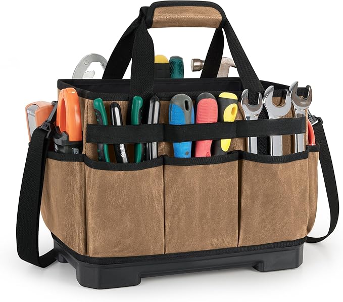 Marscamd Waxed Canvas Tool Bag with Hard Bottom and 8 Pockets, Large Tool Tote with Shoulder Strap for Tools & Gardening, Khaki