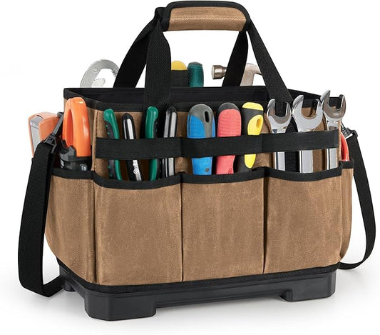 Marscamd Waxed Canvas Tool Bag with Hard Bottom and 8 Pockets, Large Tool Tote with Shoulder Strap for Tools & Gardening, Khaki