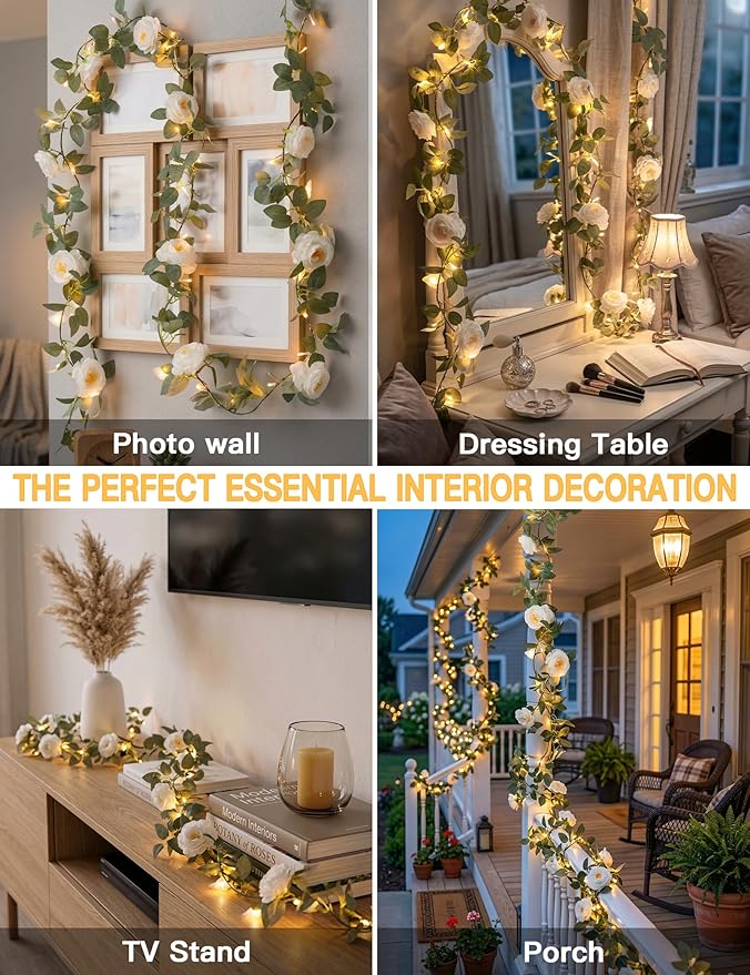 suddus Flower Garland with White Camellia Fairy Lights Indoor, 60 LED Vines