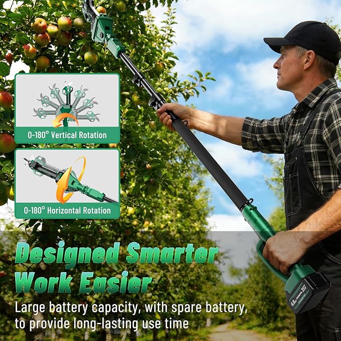 2-in-1 Pole Pruning Shears, 2.5''/64mm Electric Pruning Shears with Pole, Electric Tree Pruner with 10FT Reach Extension Pole - SK7 Blade, Longer Runtime, 2×4.0Ah Battery, For Tree & Garden Trimming