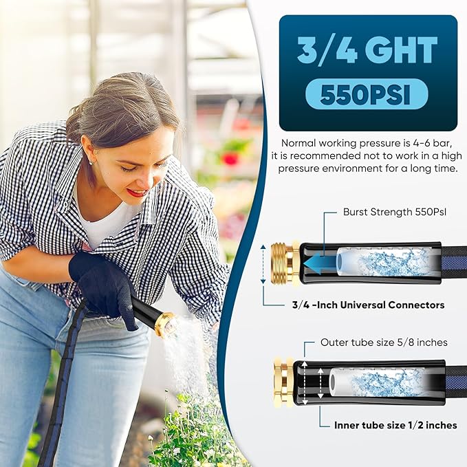 Garden Hose 50ft, Non-Expanding Water Hose, Flexible Ultra-Light, Anti-Kink, Wear-Resistant, Portable, Easy Storage, Hose with 3/4 for Outdoor, Garden, Yard and Lawn, Black Dark Blue