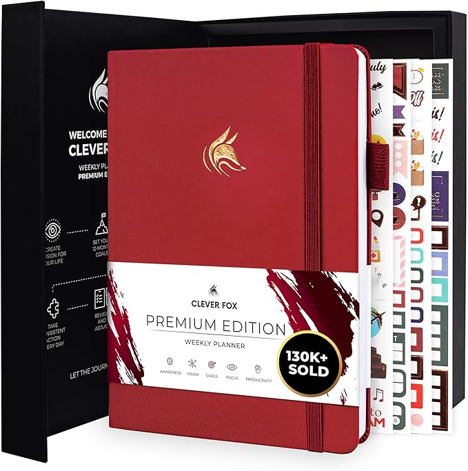 Clever Fox Planner Premium Edition – Undated Luxurious Weekly & Monthly Planner to Increase Productivity and Hit Your Goals – Organizer – Start Anytime, A5, Lasts 1 Year, Red (Weekly)