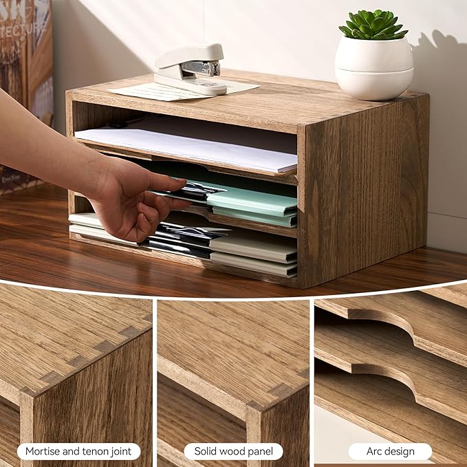 KIRIGEN Wooden Desktop Organizer Paper Storage Letter Tray File Sorter - Desk Rack Magazine File Dividers Holders for Home Office Accessories with 3 Layer Trays Dark Brown (3KWJG-DBR)