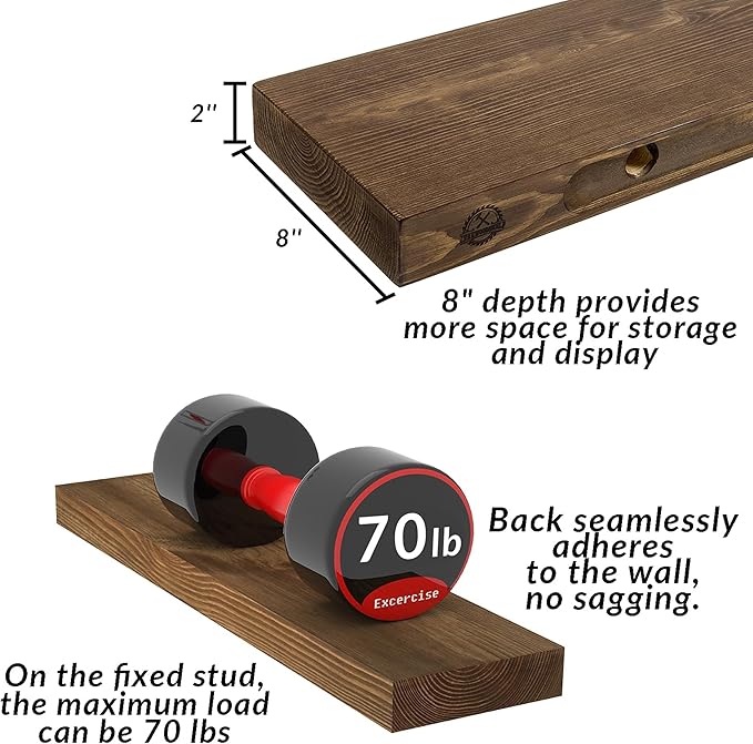 48 Inch Floating Shelves, 8-Inch Deep High-End Solid Wood Floating Shelves