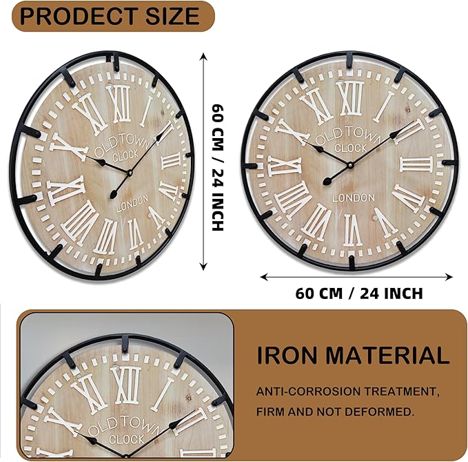 Large Farmhouse Rustic Wooden Wall Clock