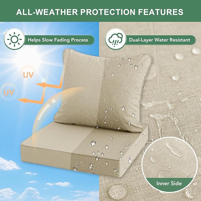 Summsun Patio Chair Cushions 24 x 24 Inch, Faux Linen Outdoor Furniture Cushions, Water Resistant Backrest and Deep Seat Cushion Set with Ties, Removable Cover, Non-Slip Bottom, Beige