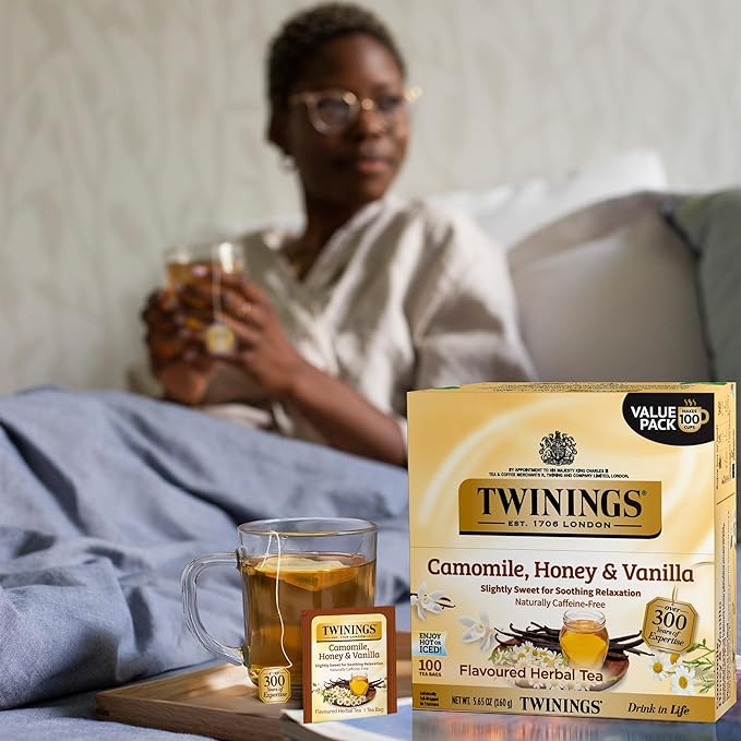 Twinings Camomile, Honey & Vanilla Herbal Tea Individually Wrapped Bags, 100 Count (Pack of 1), Naturally Caffeine-Free, Enjoy Hot or Iced, 100 Teabags