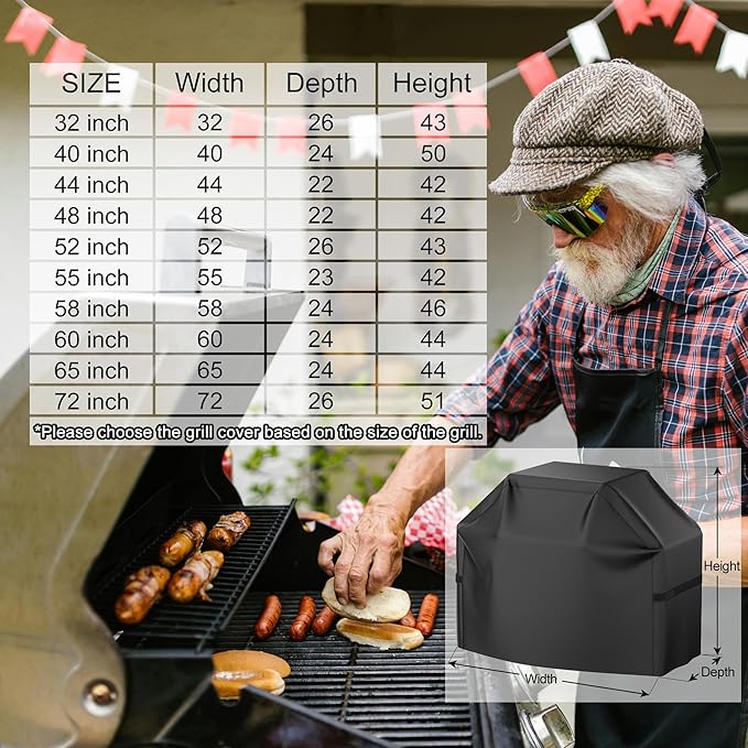 Grill Cover, 65 inch Heavy Duty BBQ Gas Grill Cover for Outdoor Grill, Waterproof, Weather Resistant, Anti-UV, Rip-Proof, Fade Resistant Barbecue Cover with Hook-and-Loop Straps for Most Grills
