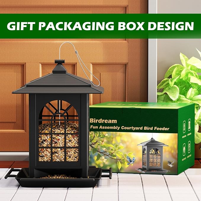 Birdream Bird Feeders for Outdoor Hanging, Assembly Required, 1-Min Easy Setup, Classic Courtyard Design, Attracting Cardinals Chickadees Goldfinches & Sparrows - Black