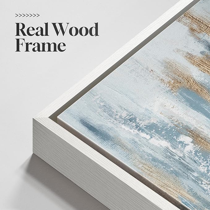 Large White Framed Blue and Gold Abstract Canvas Wall Art, 2 Piece Modern