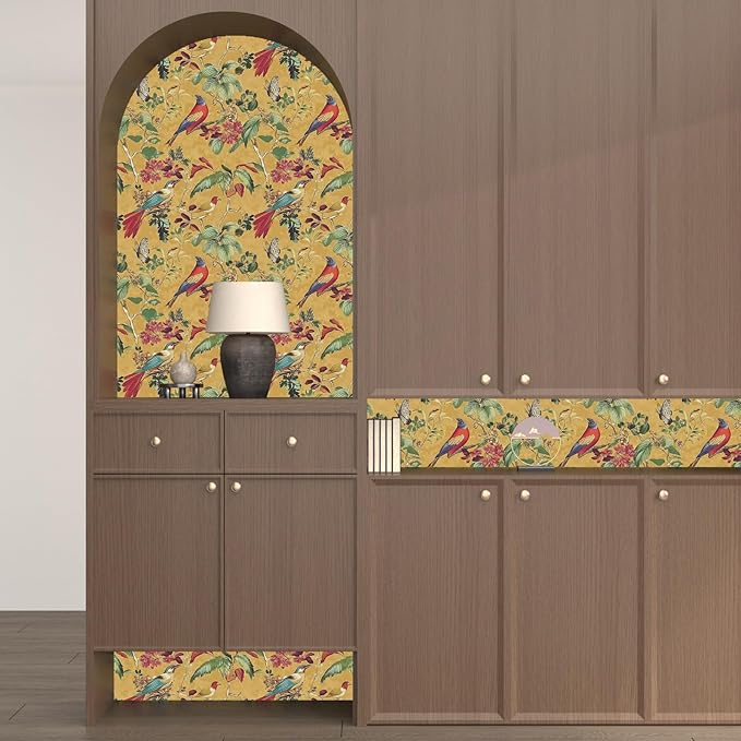 Vintage Floral Bird Wallpaper Peel and Stick, Boho Yellow Contact Paper