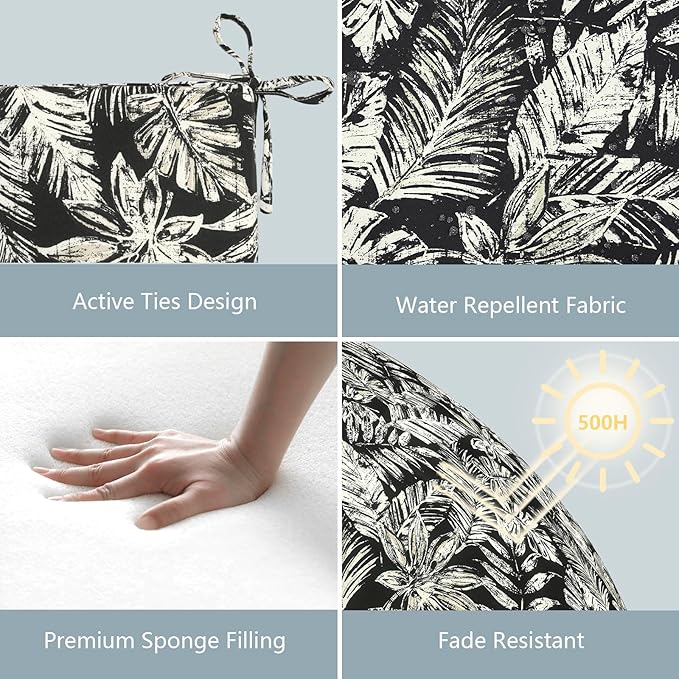 LVTXIII Outdoor Chair Cushions 18.5"x16"x2" Pack of 4, Water-Repellent Square Corner Memory Foam Seat Cushions with Ties for Garden Patio Furniture, Tropical Leaf Black